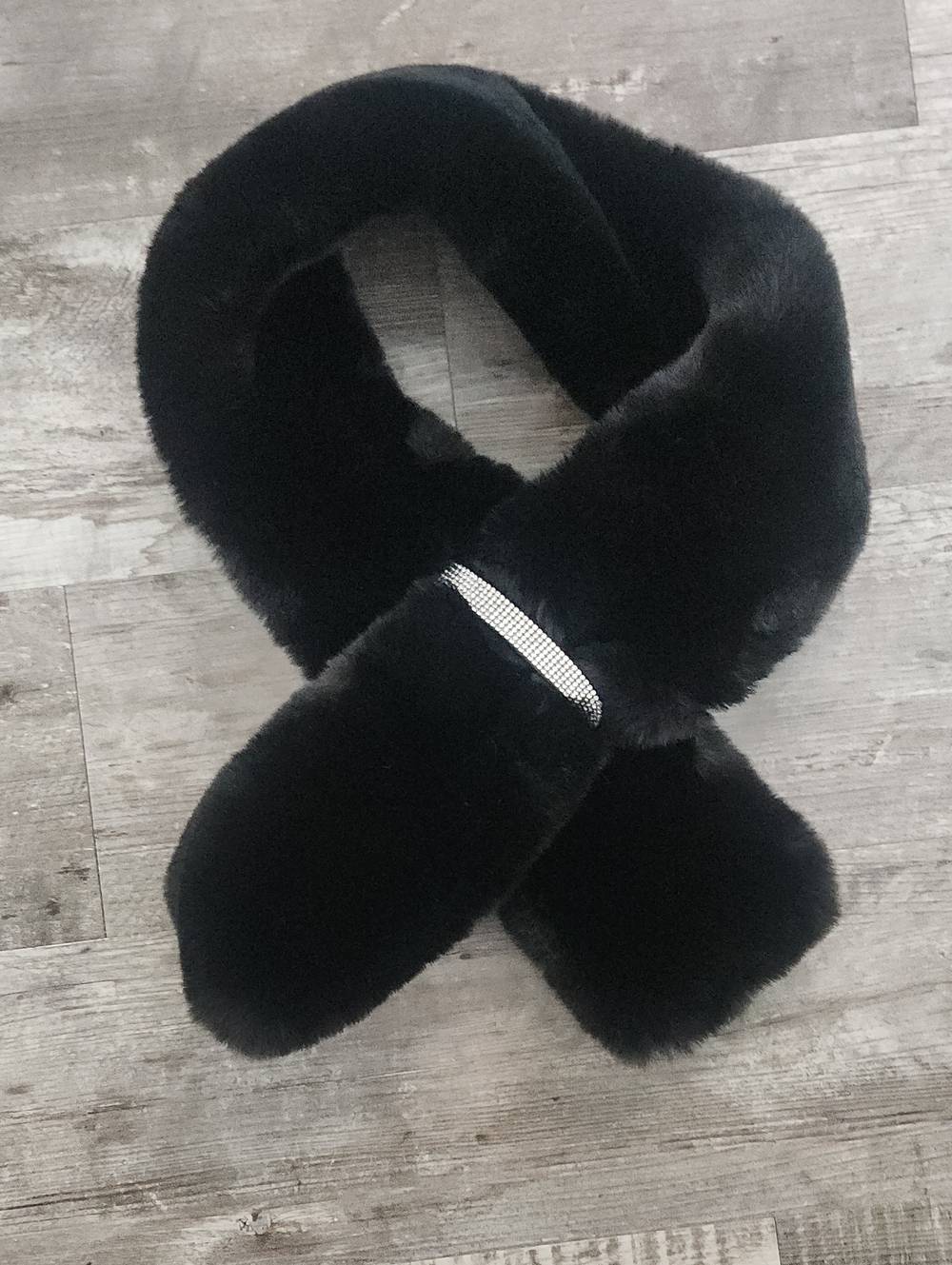 Juicy Couture Black Faux Fur Loop Scarf with Rhinestone Accent